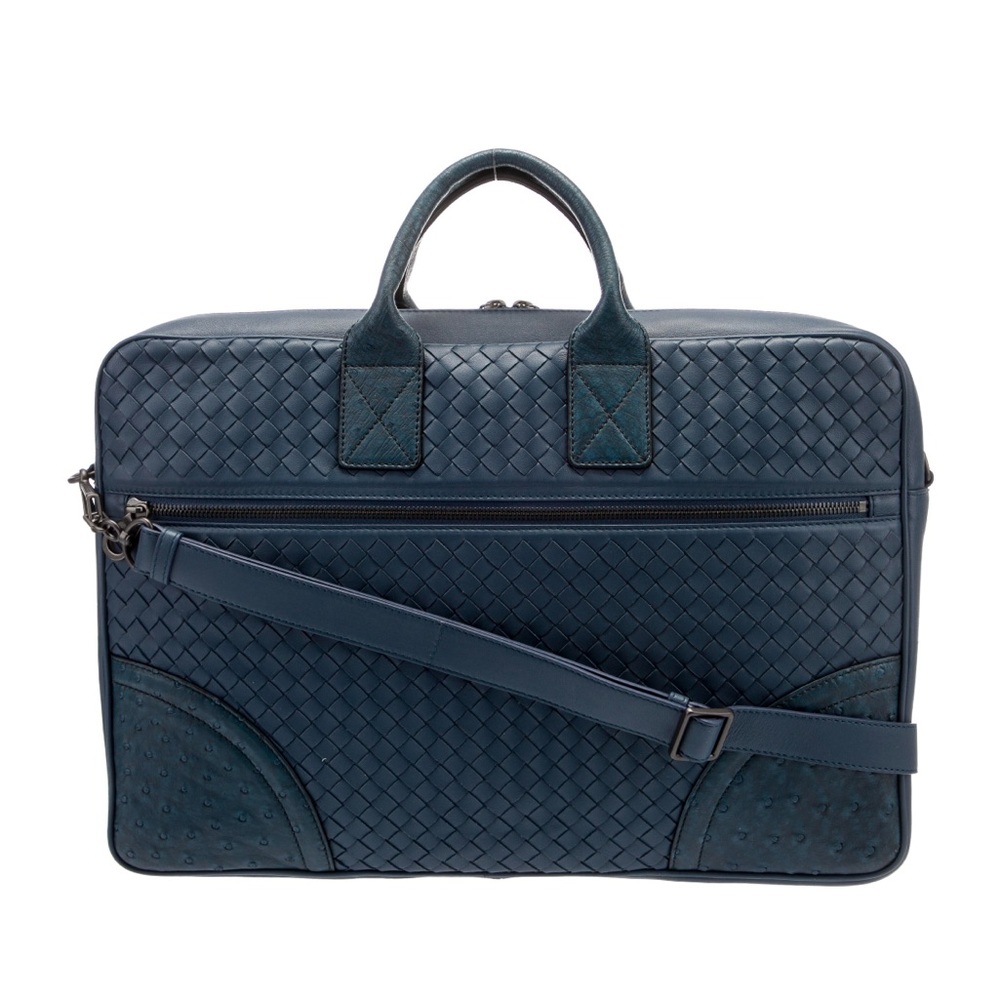 Brand New Bottega Veneta Ostrich-Trimmed Intrecciato Briefcase
